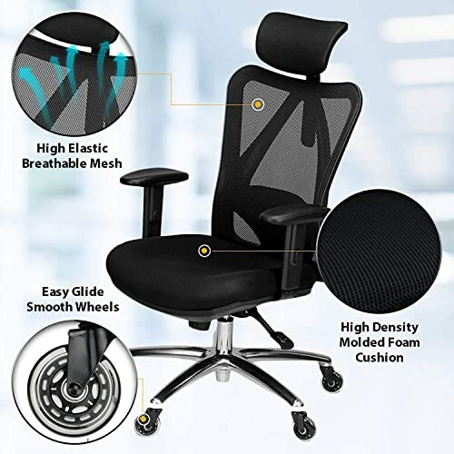 Ergonomic office chair with breathable mesh back, adjustable armrests, smooth wheels, and foam cushion.