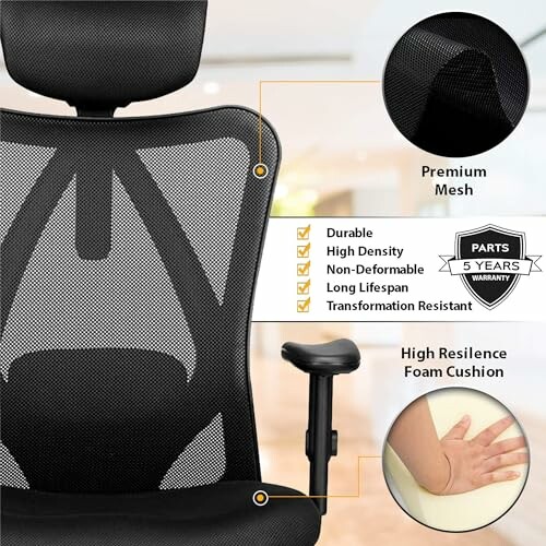 Ergonomic office chair with mesh back and armrest, durability features highlighted.