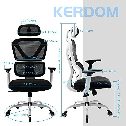 Dimensions of an ergonomic office chair with adjustable headrest and armrests.