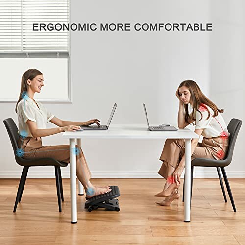Two women at a desk showing ergonomic and non-ergonomic postures with laptops.
