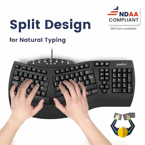 Person typing on an ergonomic keyboard with hands in a neutral position
