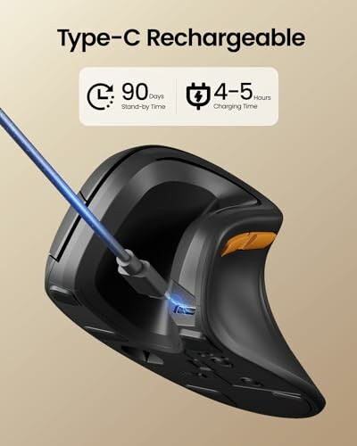 Ergonomic vertical mouse with Type-C rechargeable cable.