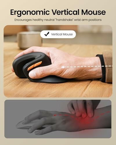 Hand using ergonomic vertical mouse and hand with wrist pain illustration.