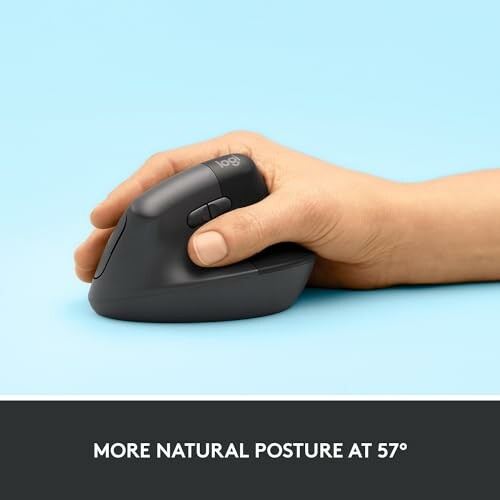 Hand using an ergonomic vertical mouse with a 57-degree angle.