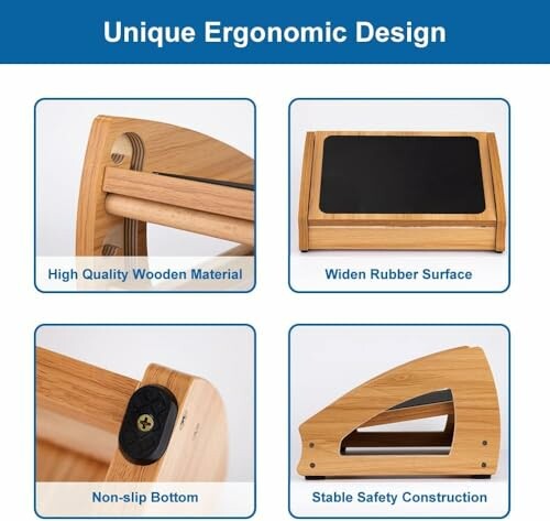 Ergonomic wooden design with rubber surface and safety construction.