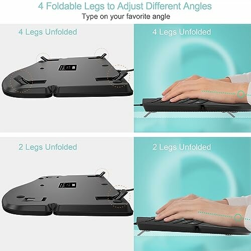 Keyboard with foldable legs in different positions for ergonomic typing.