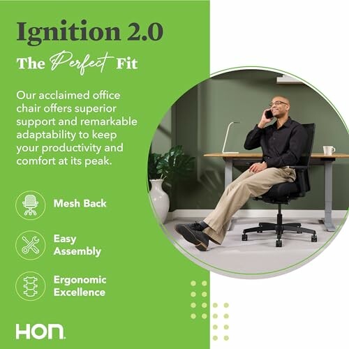 Promotional image for Ignition 2.0 office chair highlighting mesh back, easy assembly, and ergonomic excellence.