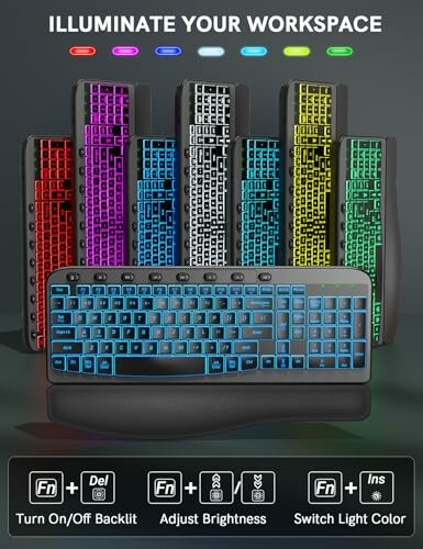 Multicolored backlit keyboards with adjustable brightness and light color options.