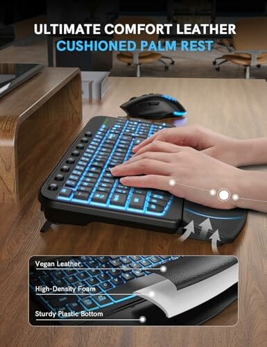 Hands on a keyboard with cushioned palm rest and mouse, highlighting features like vegan leather and high-density foam.