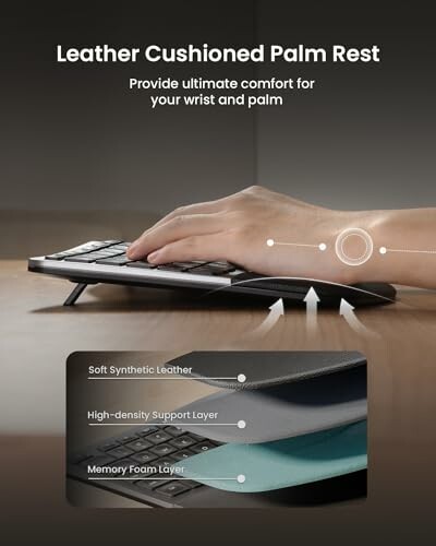 Hand on keyboard with leather cushioned palm rest highlighting comfort layers.
