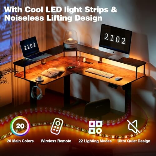 Modern office desk with LED lights, computers, and accessories
