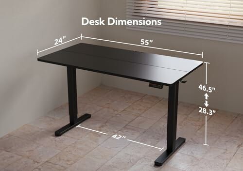 Black desk with dimensions labeled: 55 inches wide, 24 inches deep, adjustable height 28.3 to 46.5 inches.