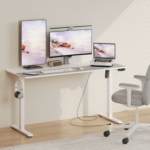 Minimalist home office with standing desk, dual monitors, and laptop