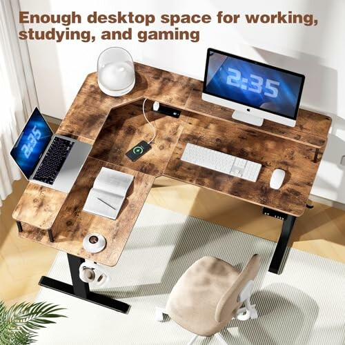 Modern wooden corner desk with computer setup and accessories