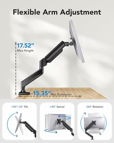 Diagram showing flexible arm adjustment for monitor with height, tilt, swivel, and rotation details.