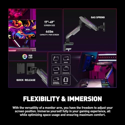 Monitor arm features with flexibility and immersion benefits.
