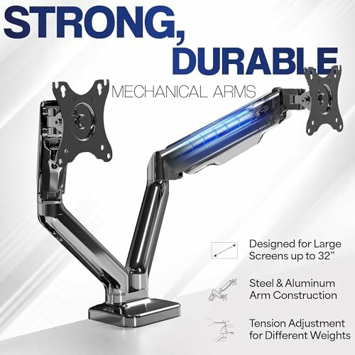 Mechanical monitor arms for large screens up to 32 inches, featuring steel and aluminum construction with tension adjustment.