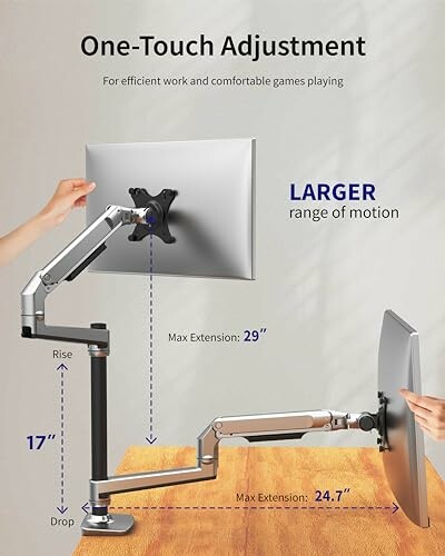 Adjustable monitor arm with large range of motion, showing max extension and height.