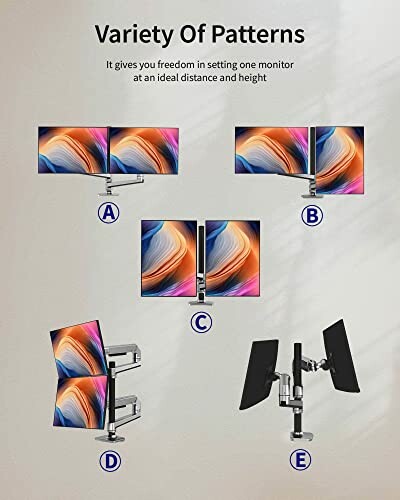 Illustration of various monitor mounting patterns with adjustable arms.