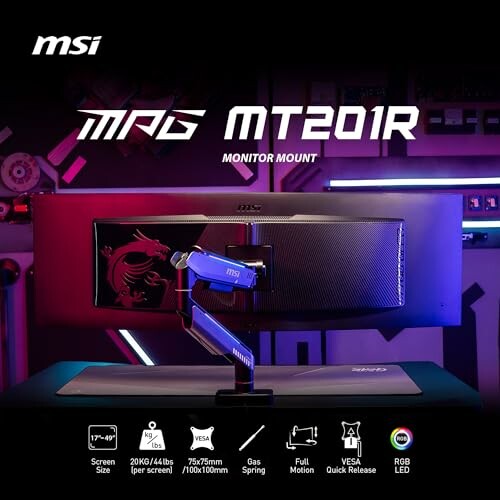 MSI MAG MT201R monitor mount with dual screen setup.