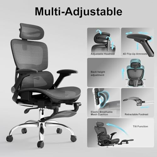 Multi-adjustable office chair with headrest, armrests, and footrest.