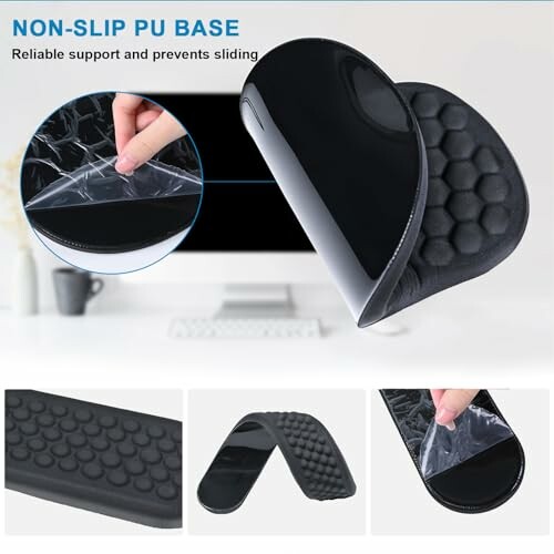 Non-slip PU base mouse pad with wrist support and textured surface.