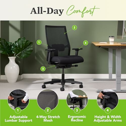 Office chair with adjustable lumbar support, 4-way stretch mesh, ergonomic recline, and height and width adjustable arms.