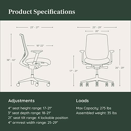 Office chair with product specifications and dimensions.