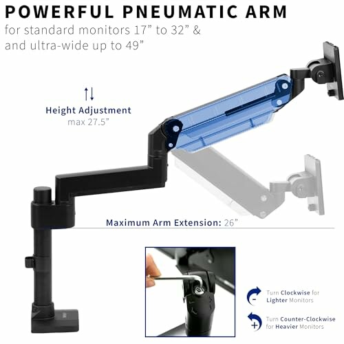 Pneumatic arm for monitors with height and extension adjustments.
