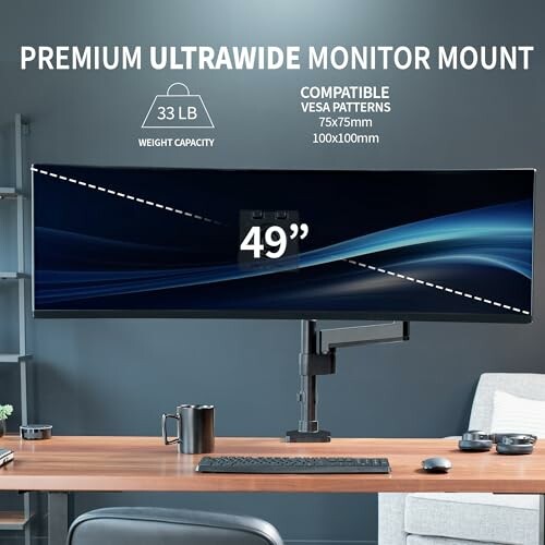 Premium ultrawide monitor mount with 49-inch screen on desk.