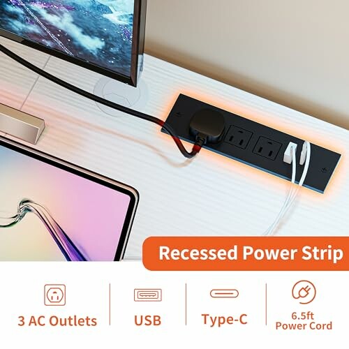 Desk with recessed power strip featuring 3 AC outlets, USB, Type-C, and 6.5ft power cord.