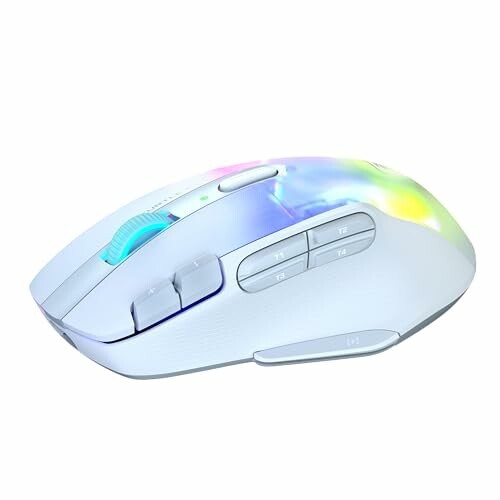 White RGB gaming mouse with side buttons and scroll wheel
