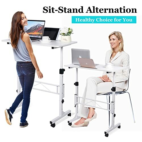 Two women using a sit-stand desk, one standing and one sitting.