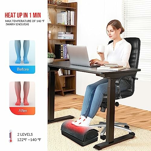 Woman using an under-desk foot warmer while working at a desk.