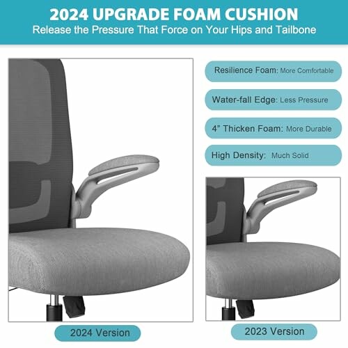 Comparison of 2024 and 2023 version office chair cushions highlighting improvements in resilience, thickness, and density.