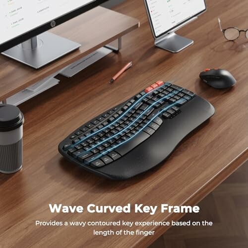 Ergonomic keyboard with wave curved design on desk