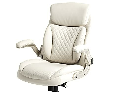 White leather office chair with padded armrests and quilted backrest.