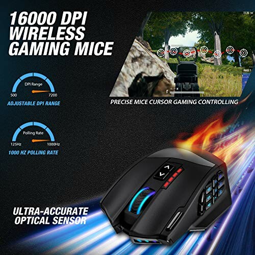 Wireless gaming mouse with 16,000 DPI and adjustable settings.