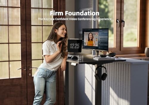 Woman at standing desk during video conference